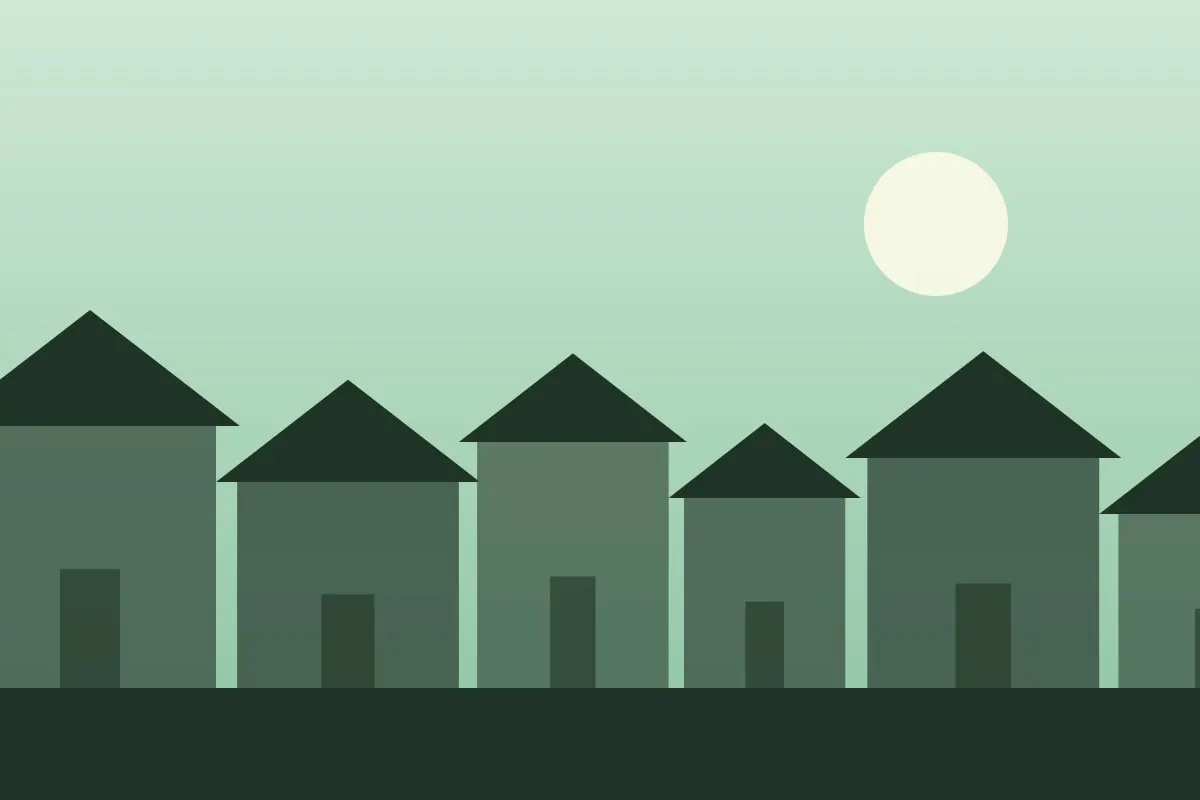 Illustration of rooftops under a green sky