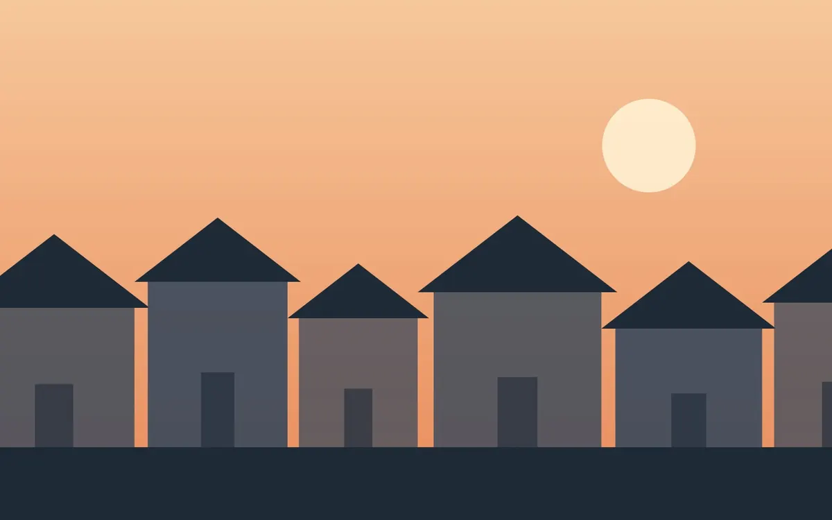 Illustration of a row of houses at sunset