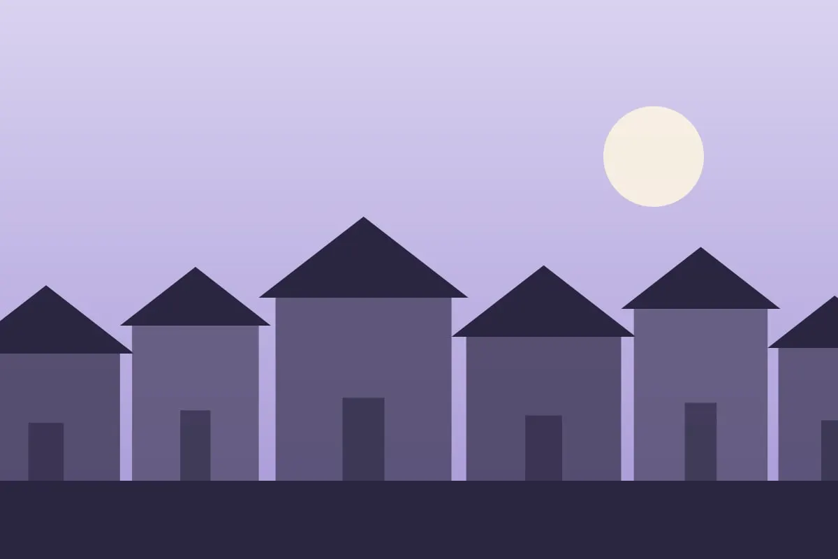 Illustration of rooftops under a violet sky